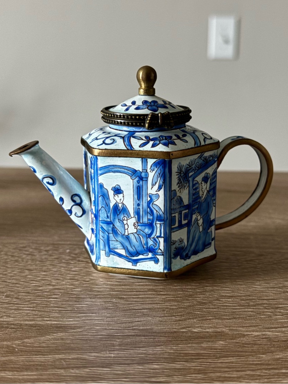 RARE VTG Kelvin Chen Blue White Mini Enamel Teapot Trinket Box Hinged Lid